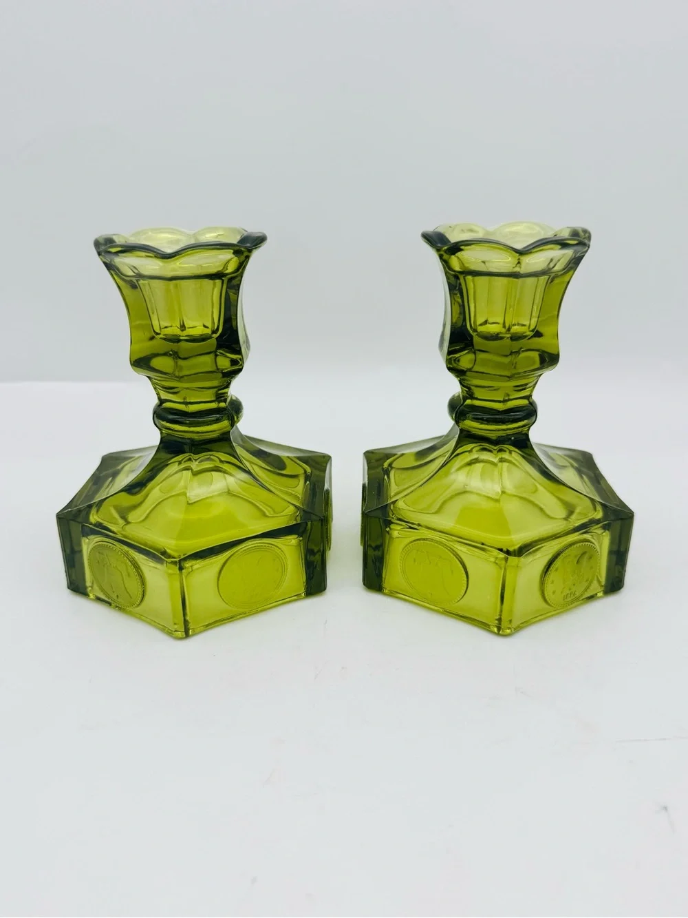 Vintage Fostoria Coin Dot Glass Set of Candleholders, Olive Green